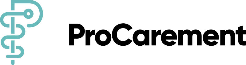 Das vollständige ProCarement-Logo präsentiert den Schriftzug „ProCarement“ in schwarzer Farbe, wobei das „P“ am Anfang minimalistisch gestaltet ist, mit einem blau/grünem Touch und an die Verzierungen des Äskulapstabs erinnert.