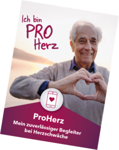 Auf dem Informationsmaterial zur DiGA ProHerz ist ein älterer Mann zu sehen, der mit seinen Händen ein Herz formt. Neben ihm befindet sich der Slogan "Ich bin PRO Herz". Im unteren Bereich des Flyers ist zu lesen: "ProHerz – Mein verlässlicher Begleiter bei Herzschwäche."
